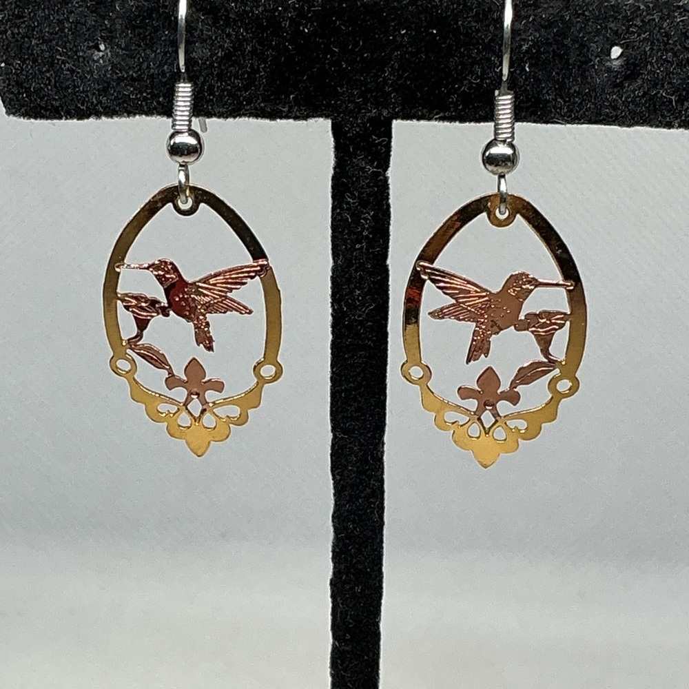 Handmade Teardrop Cut Out Copper Hummingbird Dangle Earrings